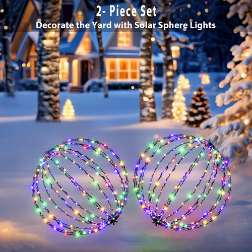 176 LED 13” Outdoor Christmas Light Balls, Solar Hanging Lighted Sphere Balls Lights, Prelit Fold Large Rechargeable Waterproof, Globe Light Ball for Outside Indoor Tree Eave Garden Decorations -2pack