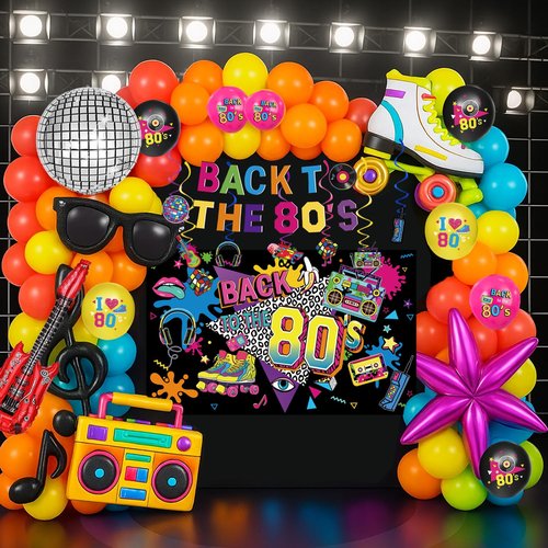 80s Party Decorations Includes Backdrop, Banner, Hanging Swirls, Foil & Latex Balloons, Cake & Cupcake Toppers, Honeycomb Centerpieces for 80s 90s Party Decorations