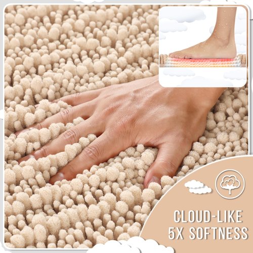 Yimobra Bathroom Rug Set 3 Piece - Super Absorbent Quick Dry Chenille Bath Mats & Toilet Rug, Non Slip Machine Washable, Extra Thick Shaggy Floor Mat for Shower Tub Sink, Light Brown
