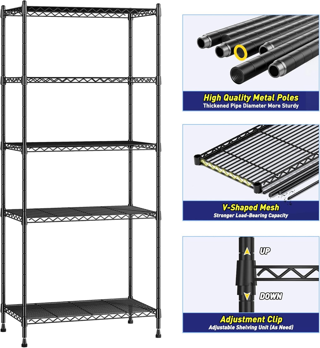 Romorgniz 5-Tier Metal Shelving Unit - Adjustable Wire Storage Rack for Kitchen, Pantry & Closet | 59.4" H x 21.5" W x 13.6" D