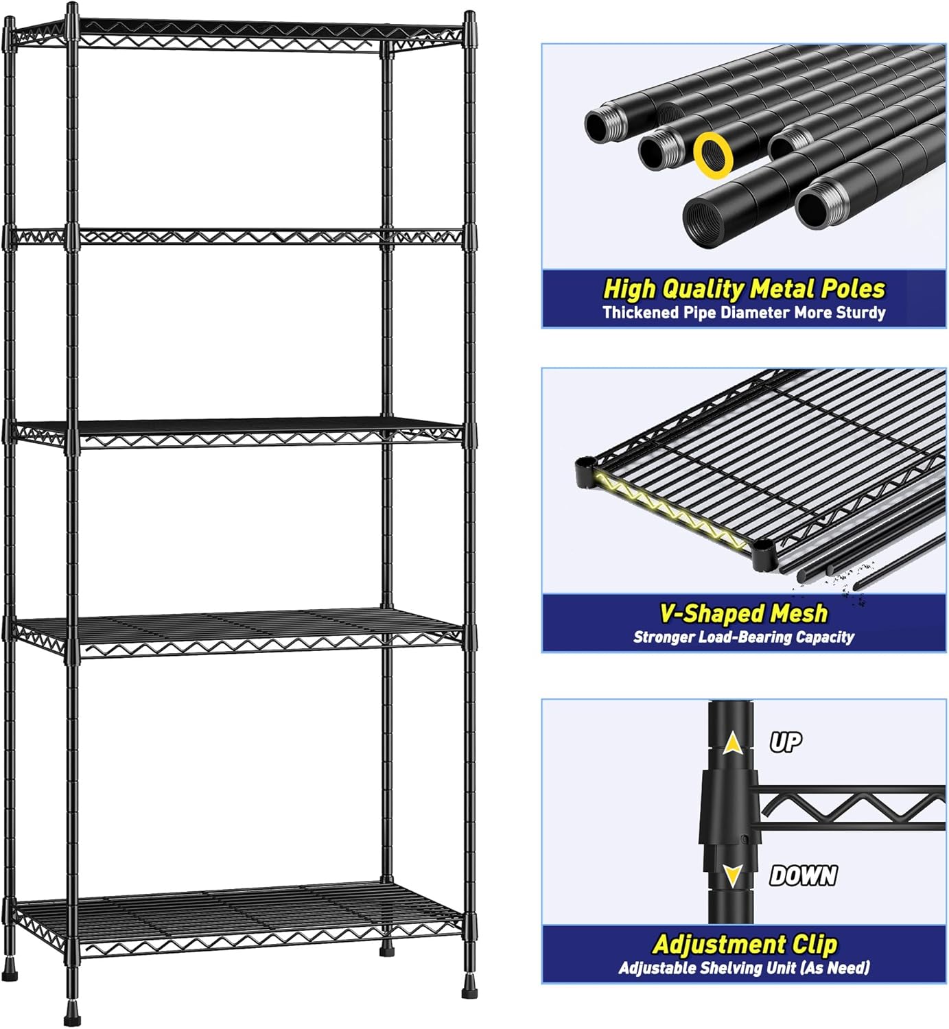 Romorgniz 5-Tier Metal Shelving Unit - Adjustable Wire Storage Rack for Kitchen, Pantry & Closet | 59.4" H x 21.5" W x 13.6" D