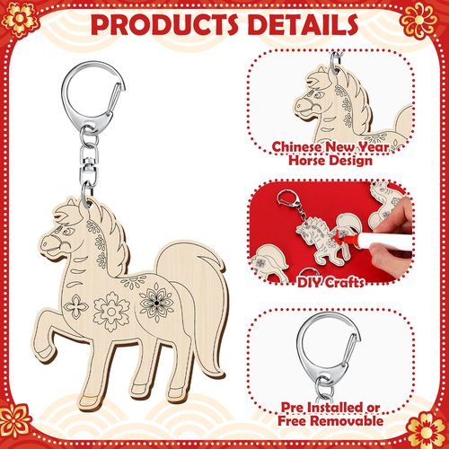 RattanView 24 Pcs Horse Craft Color Your Own Keychains Diy Craft Wooden Blank Keychains for Sunday School Classroom Home Active Party Favors Gifts, 12 Styles