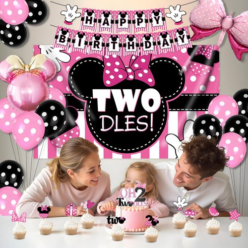 Oh Twodles Birthday Party Supplies Girl, 2nd Birthday Decorations for Girl, 38 Pcs 2 Year Old Bday Decorations, 2nd Pink Bday Decorations
