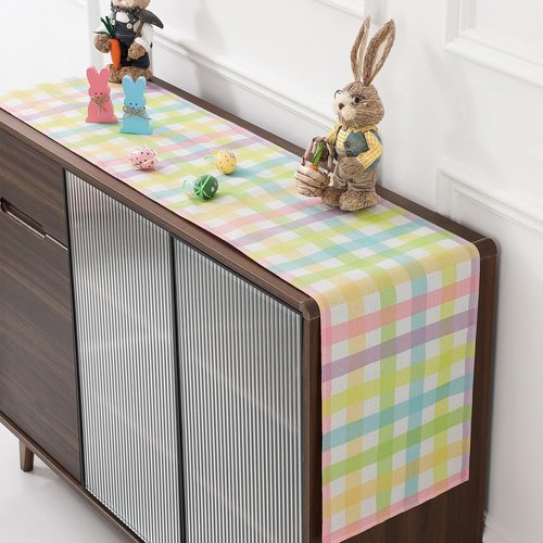 multiwins Easter Table Runner (13"x72") with 4 Placemats (12"x18") & 4 Gift Bags, Thick Fabric Pastel Buffalo Plaid Easter Decorations for Farmhouse Kitchen Dining Room Spring Party