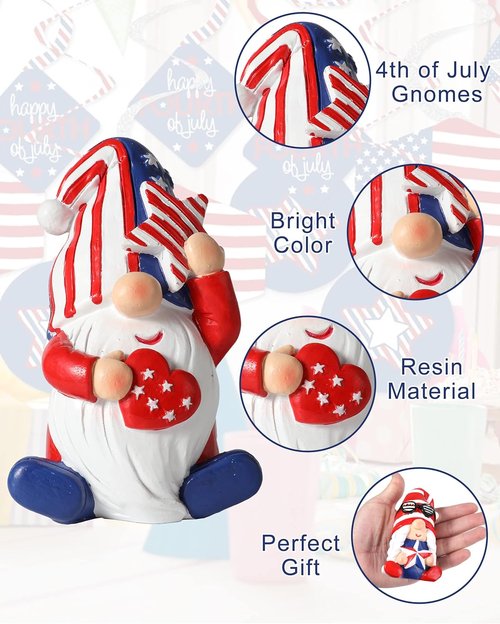 iStatue 4th of July Gnomes - Set of 2 Resin Patriotic Gnomes with American Flag - Perfect Independence Day Decor