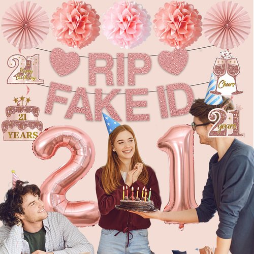 Yatufom 21st Birthday Decorations for Her, Pre-Strung 21st Birthday Rip Fake ID Banner 21 Balloon Hanging Swirls Paper Pompoms & Fans for Girl, Pink Rose Gold 21 Year Old Party Decor Supplies