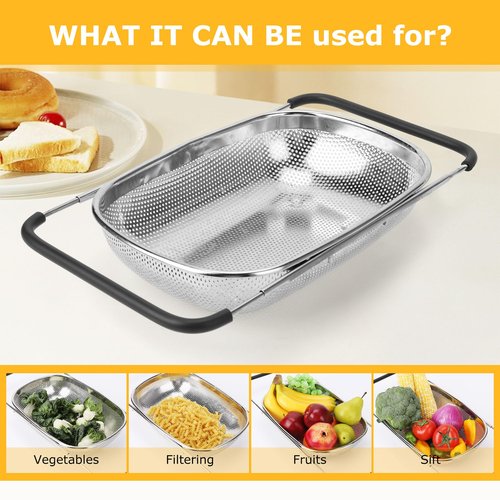 ZDRongZhen Kitchen Accessories Over the Sink Colander Strainer Basket，Stainless Steel Colander with Expandable Rubber Grip Sink Drainer-Rinse Vegetables Fruits &Strain&Drain (Large-Dense round hole)