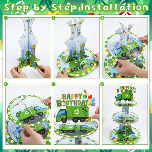 Keluna Trash Truck Birthday Decorations - 3 Tier Garbage Truck Cupcake Stand for Boys Birthday Party Table Decor, Trash Truck Party Supplies Dessert Cake Holder