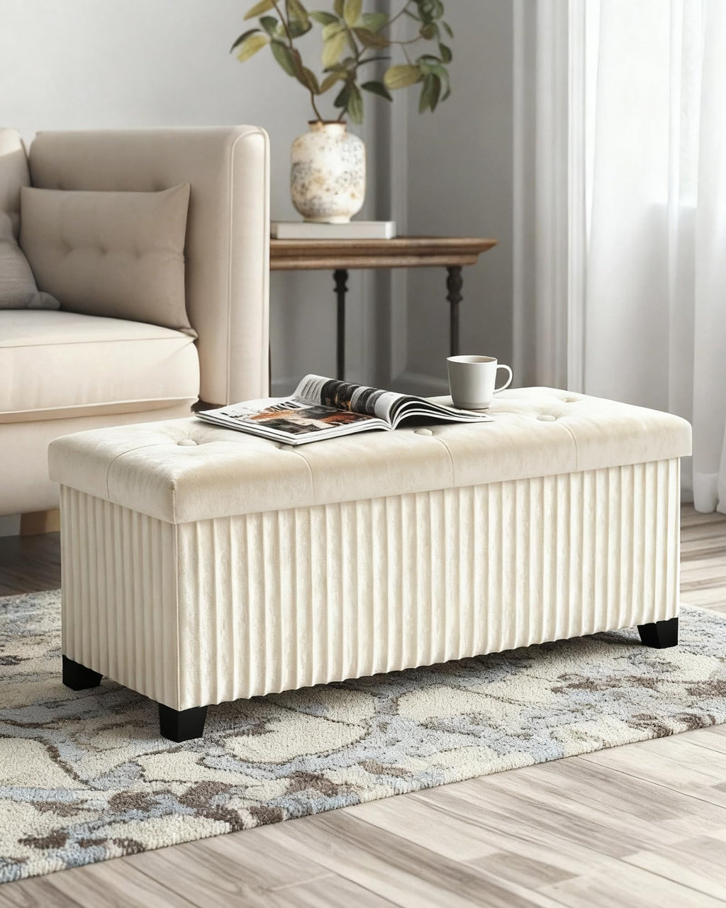 LITZFUR Storage Ottoman Bench, 43 Inch Foldable Ottoman with Legs, Velvet Foot Rest Stool, End of Bed Bench, Storage Chest for Living Room, Bedroom (Beige)