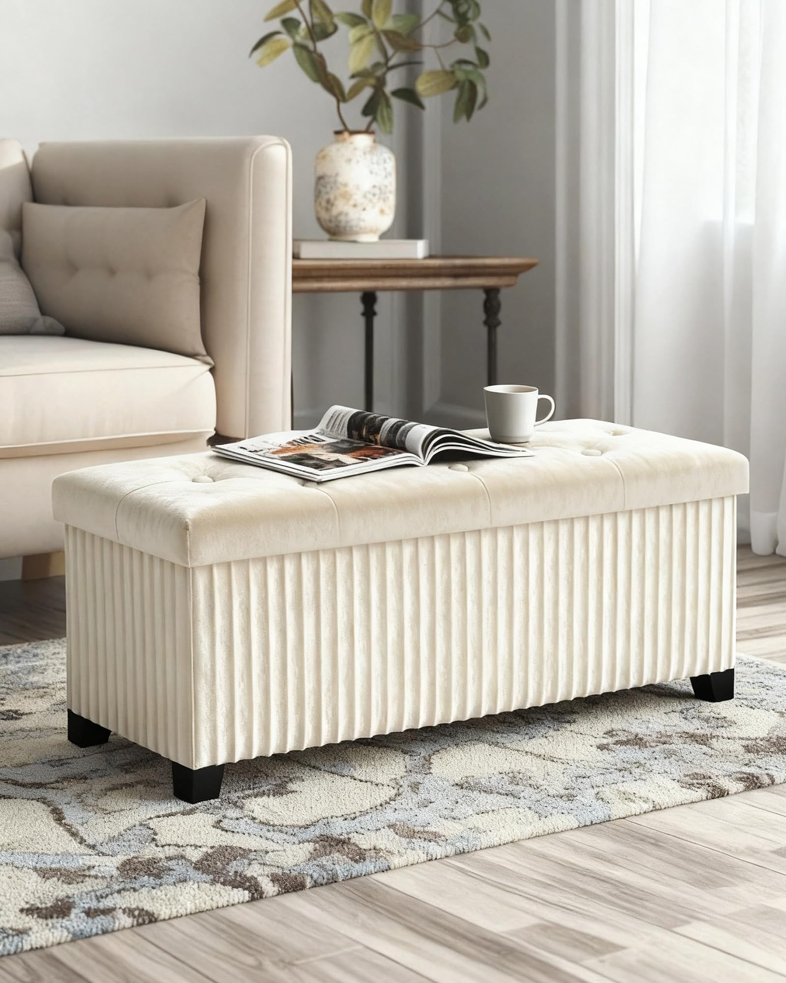 LITZFUR Storage Ottoman Bench, 43 Inch Foldable Ottoman with Legs, Velvet Foot Rest Stool, End of Bed Bench, Storage Chest for Living Room, Bedroom (Beige)