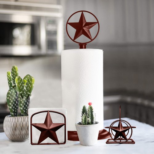 Brown Rustic Texas Star Paper Towel Holder, Napkin Holder, Salt and Pepper Shakers Holder, Country Farmhouse Iron Kitchen Counter Accessory Set Holders (Paper Towel, Napkin, S&P Holder (3 Piece Set))