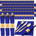 Zubebe 100 Pack Pre Rolled Silverware Set Disposable Wrapped Plastic Cutlery Set with Napkin Disposable Utensils Includes Forks Knives Spoons Napkins Wrapped for Party Dinners Wedding(Gold, Blue)