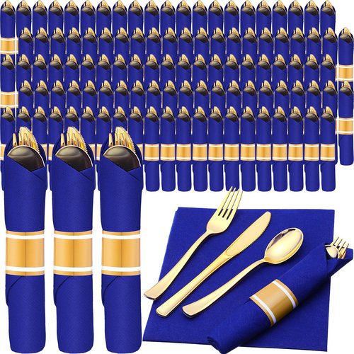 Zubebe 100 Pack Pre Rolled Silverware Set Disposable Wrapped Plastic Cutlery Set with Napkin Disposable Utensils Includes Forks Knives Spoons Napkins Wrapped for Party Dinners Wedding(Gold, Blue)