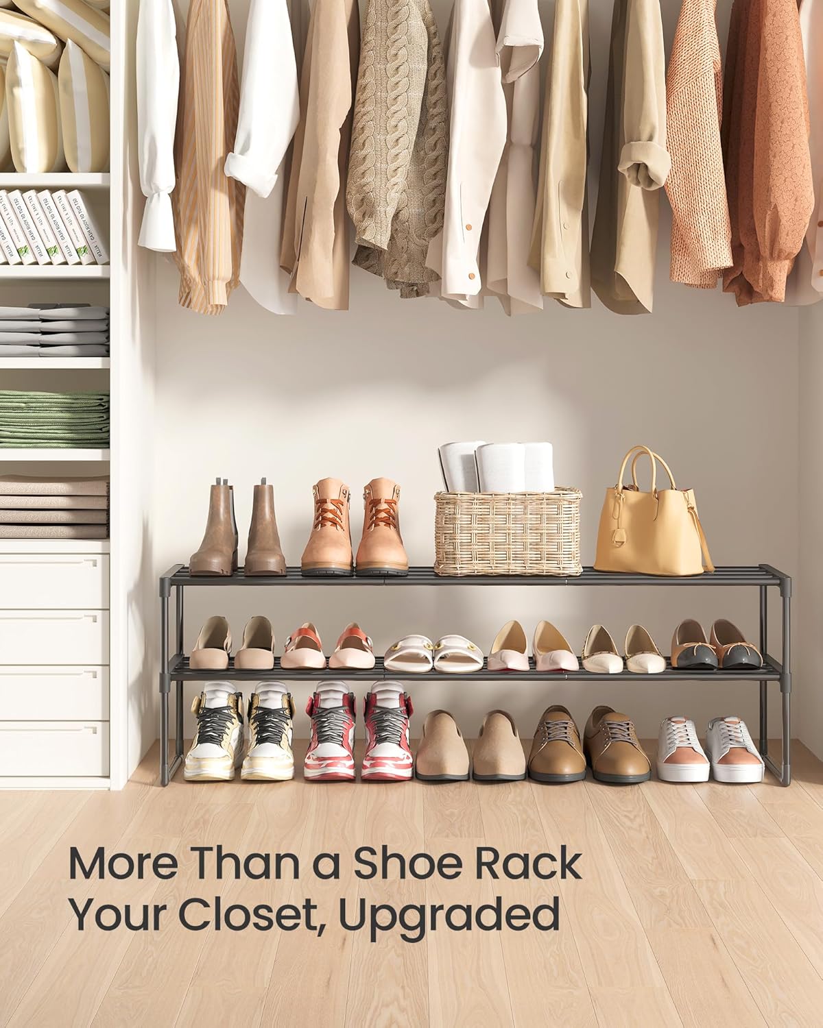 SONGMICS 2-Tier Shoe Rack - Stackable Metal Organizer for 15-18 Pairs | Black, 11.8 x 46.1 x 14.6 Inches