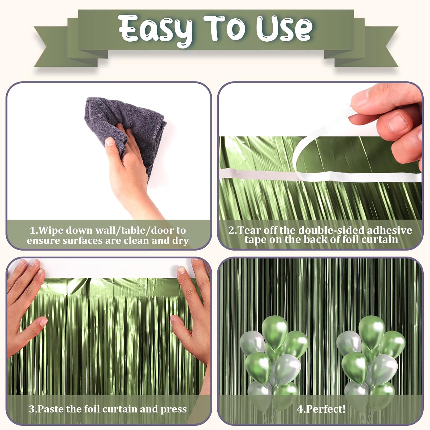 Voircoloria Matte Green Foil Fringe Backdrop Curtains - 3 Pack Tinsel Streamers for Parties | 3.3 x 8.2 ft