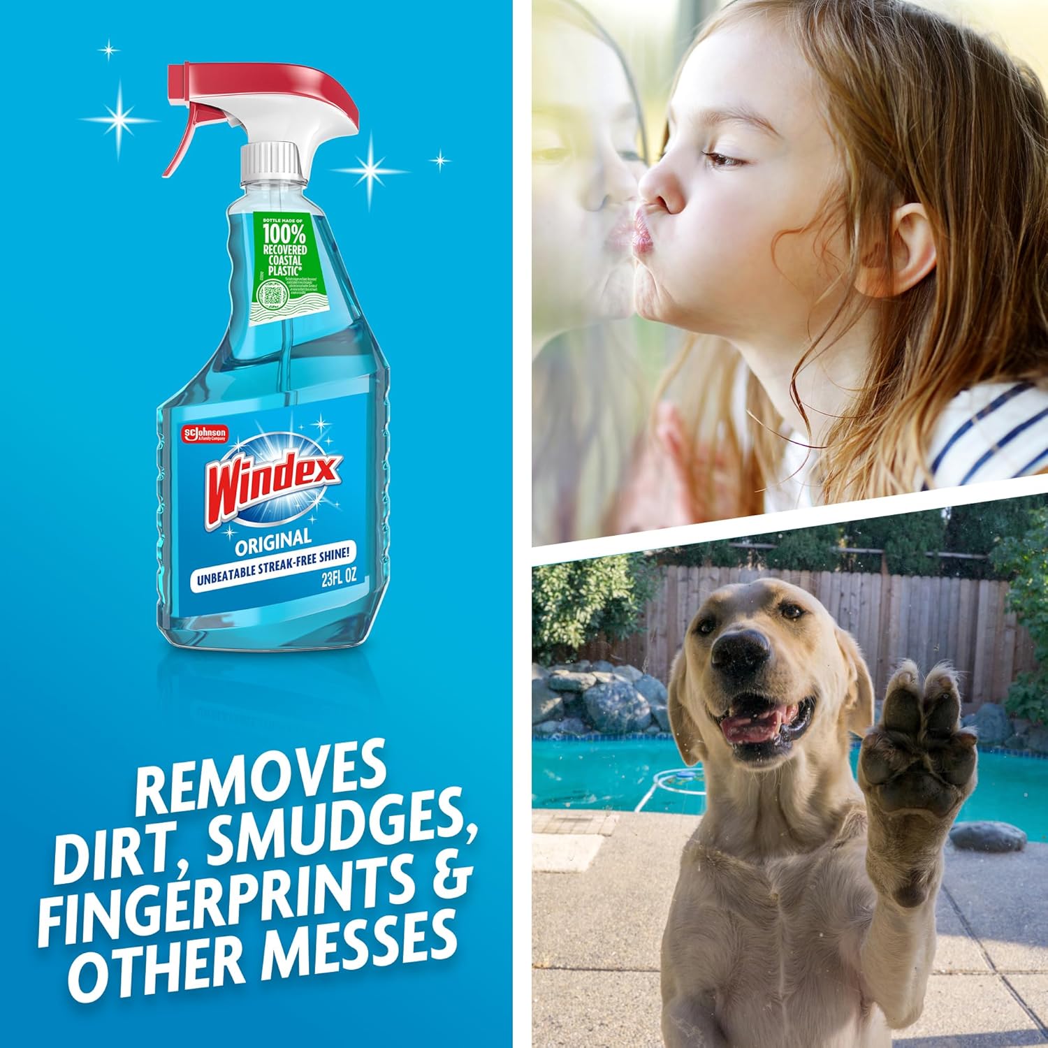 Windex Glass & Window Cleaner Refill - Eco-Friendly 100% Recycled Plastic, Original Blue Scent, 2L (Pack of 2)