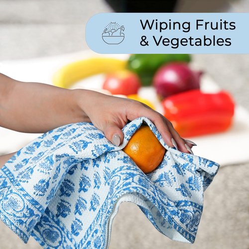CPC Apatite Blue Hand Block Print Waffle Kitchen Towel Set of 3-16 x28 Ultra Absorbent Quick Dry Microfiber Dish Towels Lightweight Reusable Sustainable Tea Towels for Cleaning and Drying