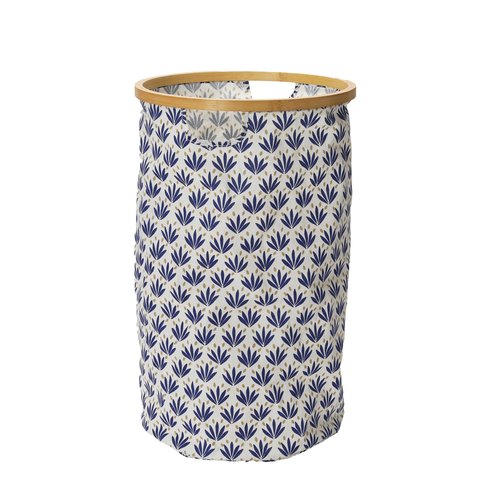 Household Essentials Bamboo Rimmed Round Krush Hamper with Cutout Handles, Blue Cacti