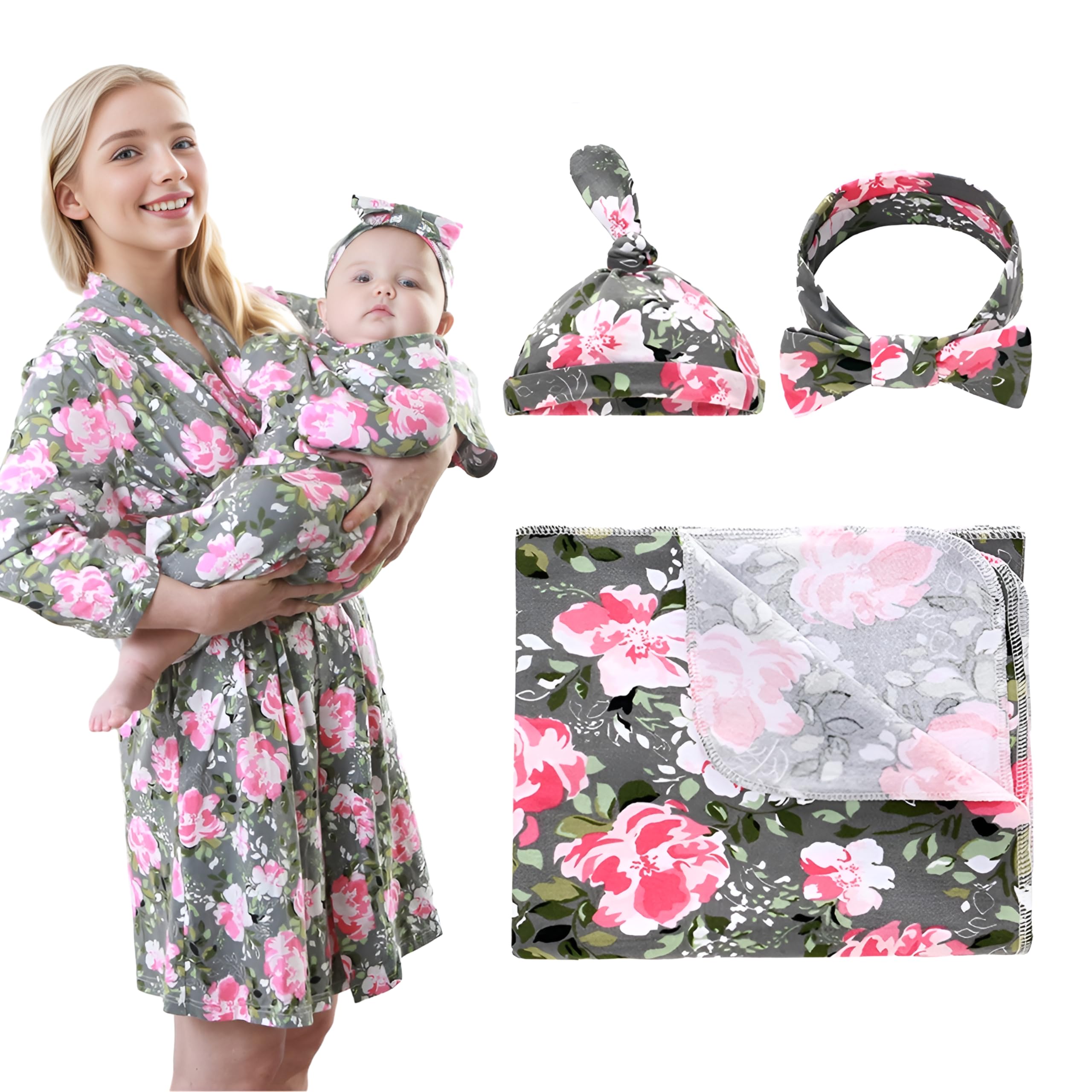 Miracle Baby Maternity Robe and Baby Swaddle Blanket, Matching Robe and Swaddle Set Mom And Baby, Hospital Labor and Delivery Gown