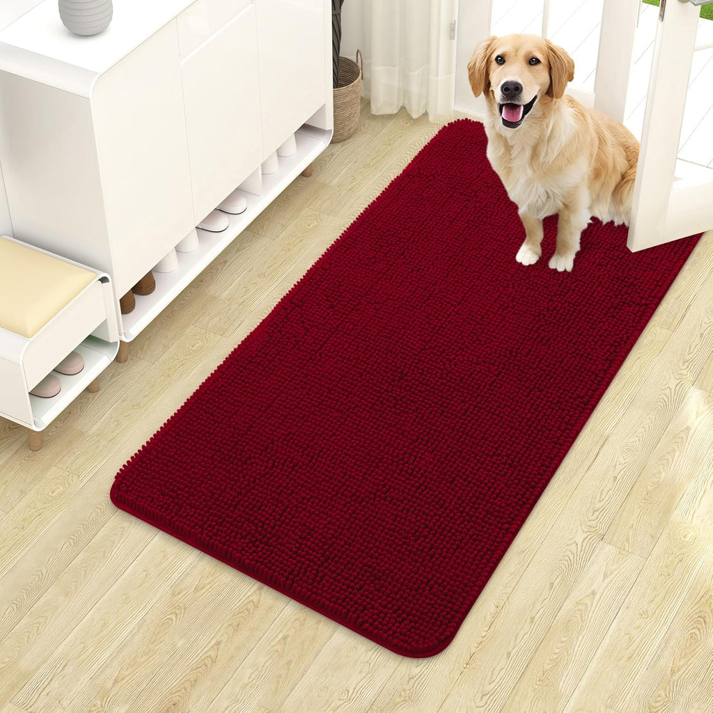 OLANLY Dog Door Mat - Absorbent Non-Slip Washable Chenille Mat for Muddy Paws | 40x24 Inches, Red