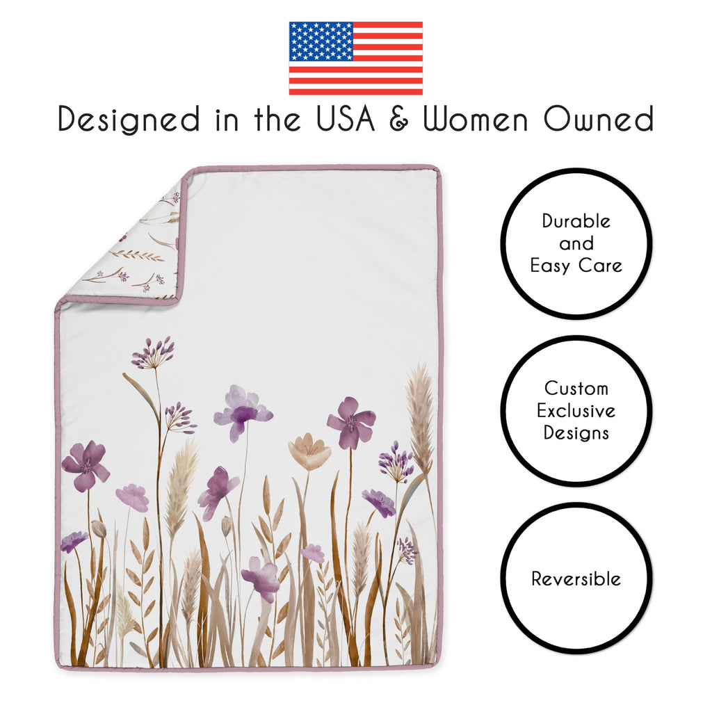 Sweet Jojo Designs 4-Piece Baby Crib Bedding Set (Purple Boho Floral) for Girls, Infants/Nursery incl. Blanket, Fitted Sheet, Skirt, Diaper Stacker (Vintage, Wildflower Garden, Bohemian, Farmhouse)