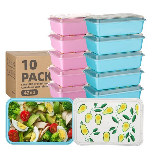 Moiturti 10 Pack 42 oz Meal Prep Containers, Reusable Plastic Food Prep Storage Containers with Printed Lids, Stackable, Leakproof, Microwave & Freezer & Dishwasher Safe,To Go Take Out Box, Avocado