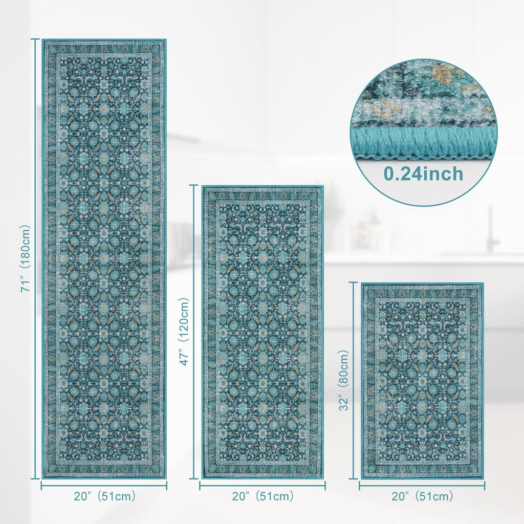 KIMODE Floral Kitchen Rugs Non Slip Washable, Farmhouse Kitchen Rugs Sets of 3, Rubber Kitchen Mats for Floor, Kitchen Runner Rug for Hallways Laundry Sink Bathroom Red 20"x32"+20"x47"+20"x71"