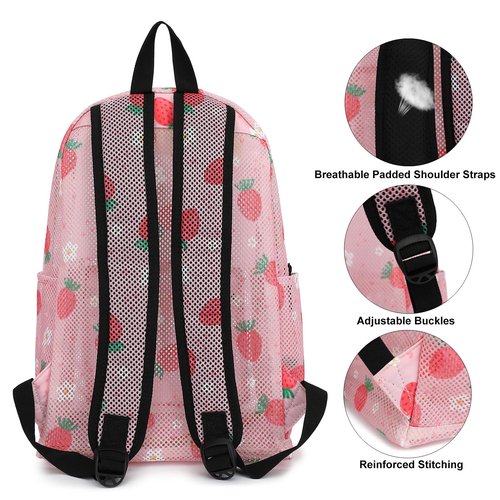 Xunteny Strawberry Mesh Backpack for Girls Women, Semi-Transparent Kids School Backpack College Bookbag for Beach Gym Travel