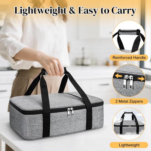 Coobiiya Insulated Casserole Carrier - Thermal Lunch Bag Keeps Food Hot or Cold | Fits 9" x 13" Dish - Grey