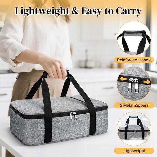 Coobiiya Insulated Casserole Carrier,Lasagna Lugger Tote Keeps Food Hot or Cold,Thermal Lunch Bag Warmer & Cooler Carrier Bag,Portable Tote Bag Fits 9" x 13" Baking Dish for Picnic and Cookouts- Grey
