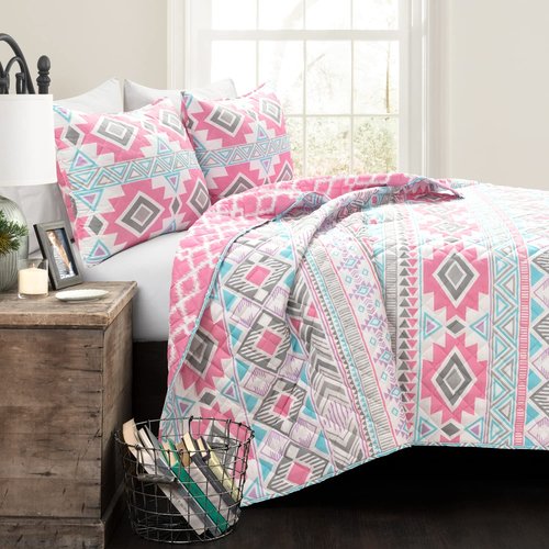 Lush Decor Navajo Stripe Malibu Reversible Quilt Twin Size 2 Piece Set Pink & Turquoise - Toddler Bedding Set Twin Quilt - Pink Kids Bedroom Decor