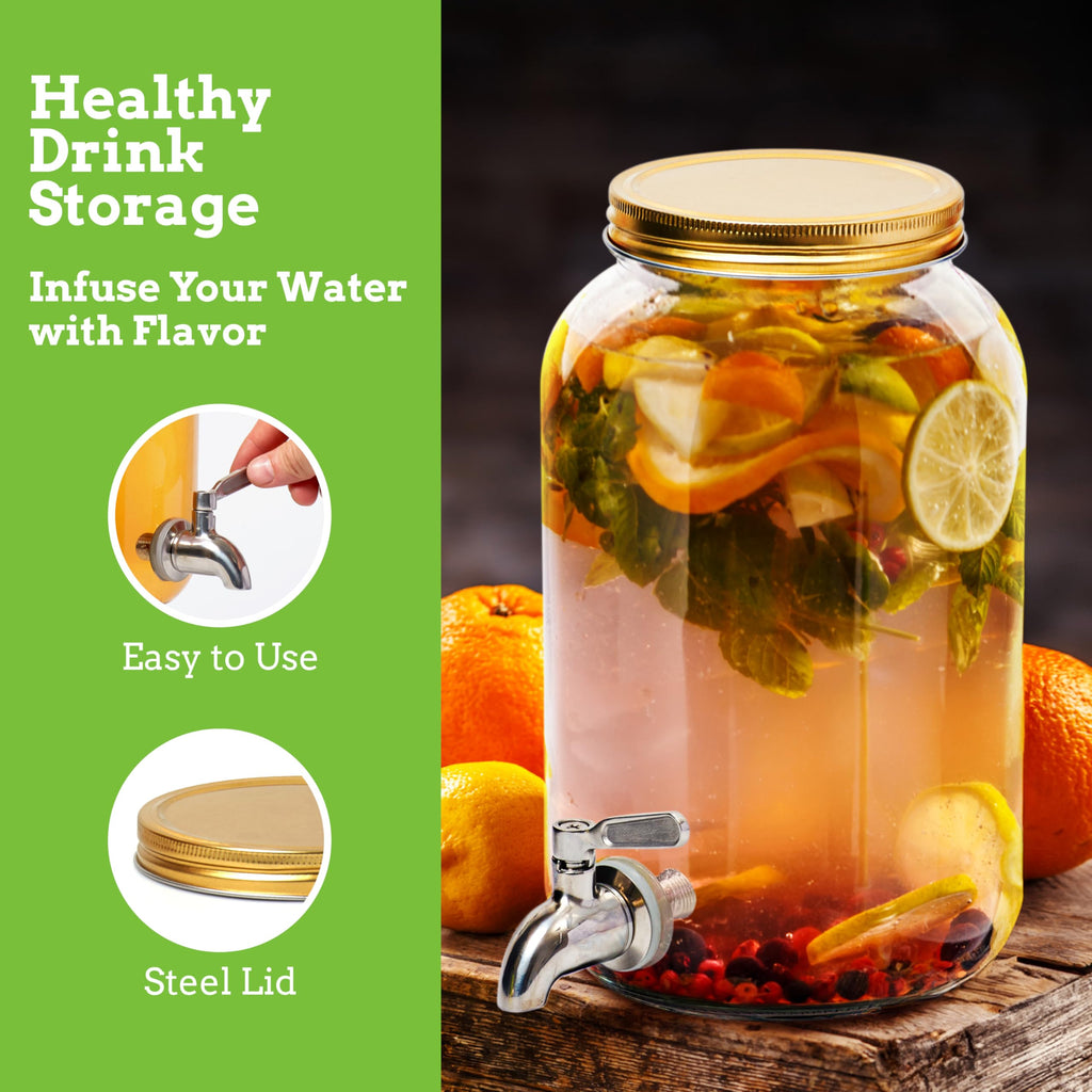 1 Gallon Kombucha Glass Beverage Dispenser with Spigot - Wide-Mouth - Glass Drink Dispenser Parties & Home Use and Lid for Juice, Wine, and Cold Drinks - Punch Dispenser - 10"x6"x6"