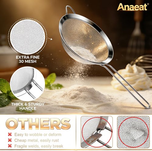 Anaeat Fine Mesh Strainers - Premium Stainless Steel Sifters with Durable Mesh & Sturdy Handle | Set of 3 Sizes (3.15", 5.5", 7.87")