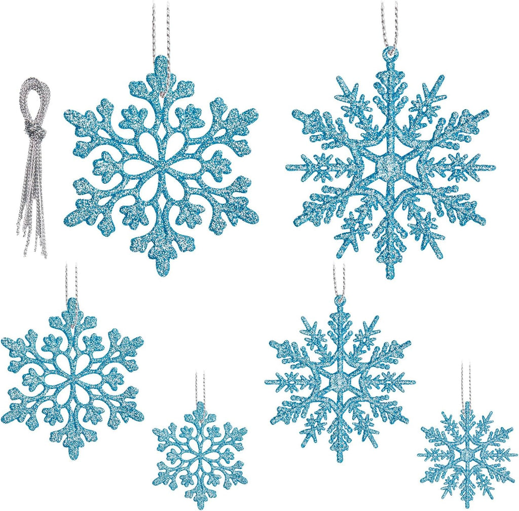 Skiennix 36-Pack Blue Snowflake Ornaments - Glittery Plastic Decorations for Indoor Winter Wonderland