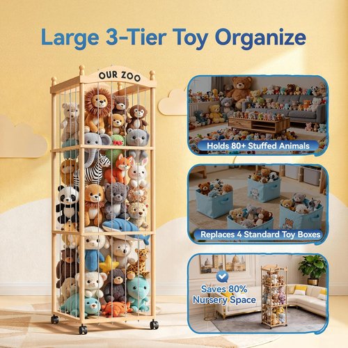 Jumvix Stuffed Animal Storage Zoo Tower, Large Capacity Wooden Stuffed Animal Holder with Wheels, Space-Saving Toy Storage Organizer, Stuffy Plushies Storage for Nursery, Playroom & Bedroom
