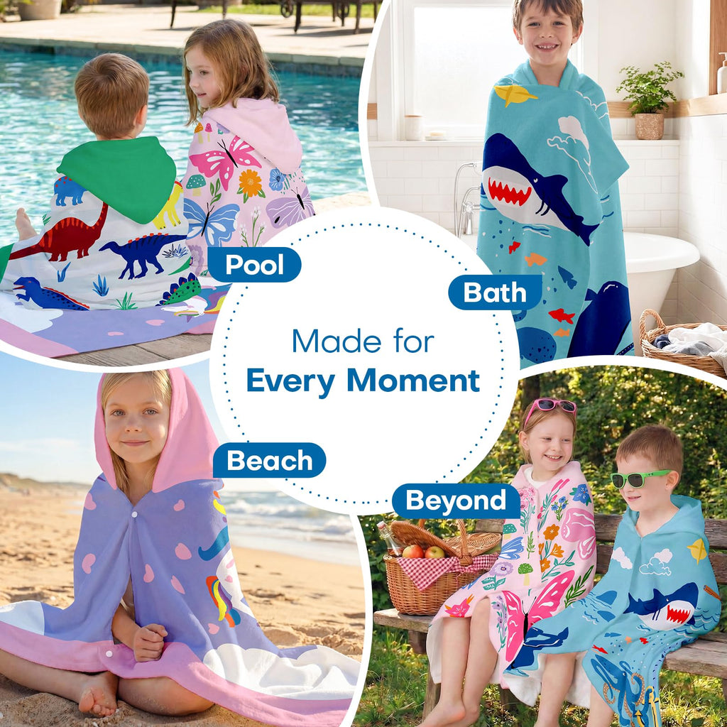Kids Hooded Beach Towel, 100% Cotton Super Soft and Absorbent Bath Towel, 50" x 30" Large Size with 2 Snap Buttons for Ages 3-10, Cozy Cover Up for Pool, Beach, and Bath Time (Mermaid Unicorn)