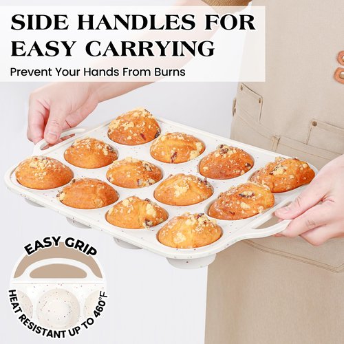 AOTASO 3 Pcs Silicone Baking Pan Set - Including 1 Pc Mini Loaf Pan, Standard Muffin Pan and Mini Muffin Pan - Silicone Cupcake Molds With Metal Reinforced Frame (Cream)