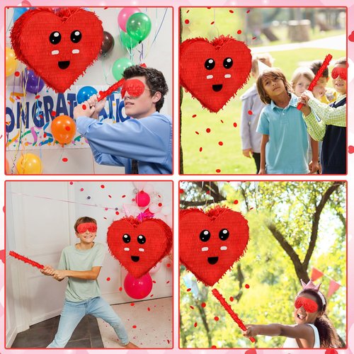 Soulchen 4 Pcs Valentine Party Games Valentine Classroom Party Games Red Heart Piñata with Batting Stick Blindfold Confetti for Birthday Holiday Adult