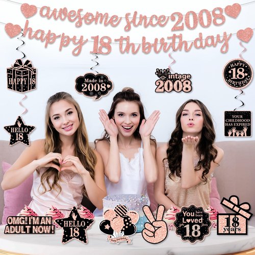 Pre-Strung 18th Birthday Banner Decorations for Girls, Glitter Happy 18th Birthday Decor, Rose Gold Eighteen Years Bday Hanging Swirls Party Supplies