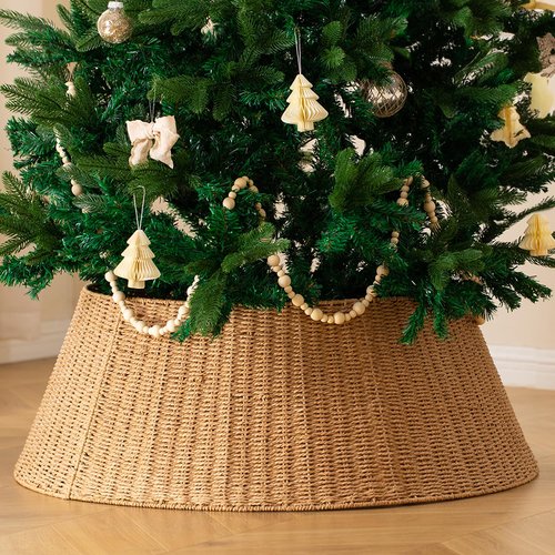 36in Extra Large Christmas Tree Collar - Wicker Woven Tree Collars for Artificial Trees - Large Rattan Rustic Farmhouse Basket for Tree Base Cover with Cord Cut-Out for 7.5ft 9ft 12ft Tree(Natural)