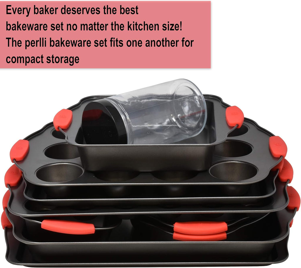 Perlli 12-Piece Nonstick Bakeware Set - Durable Carbon Steel with Red Silicone Handles | Ideal for Cakes, Loaves & Muffins