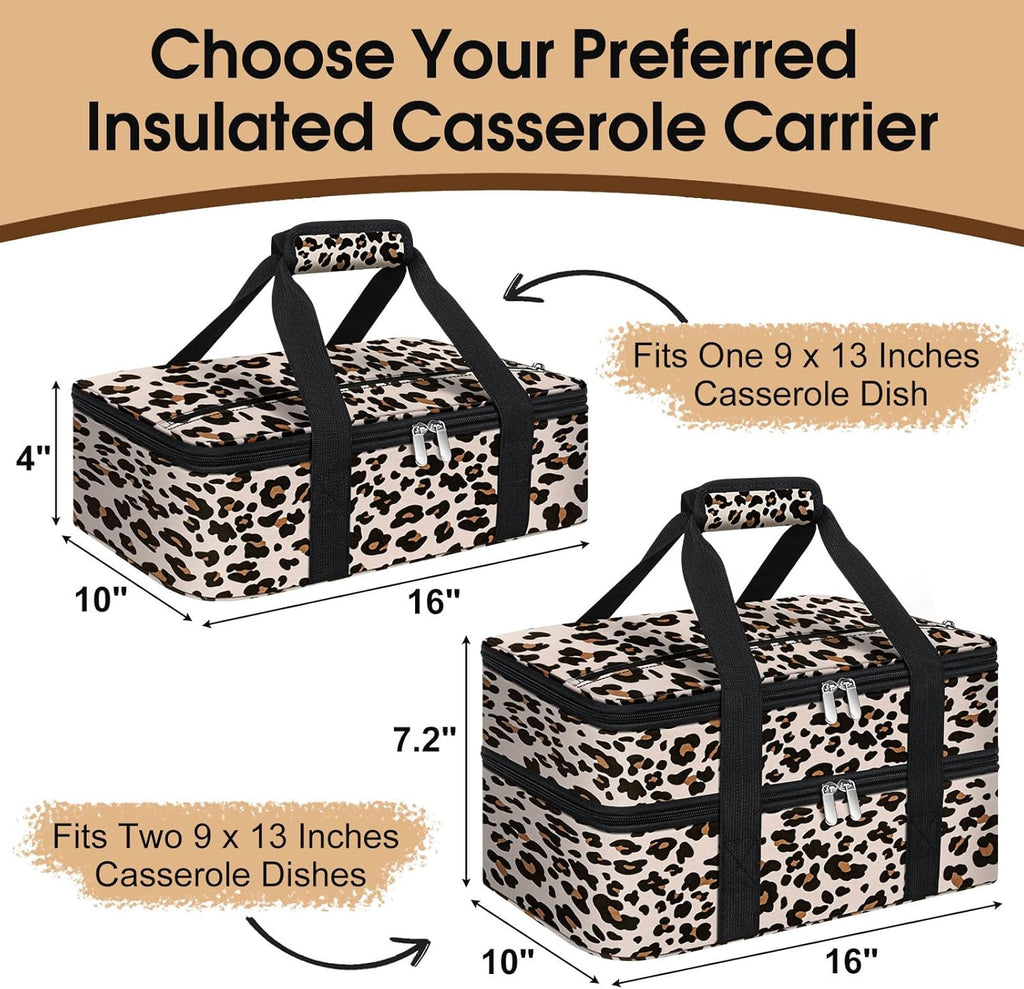 Skiennix Insulated Casserole Carrier - Portable Hot/Cold Food Tote for Potlucks | Fits 9" x 13" Dish - Leopard