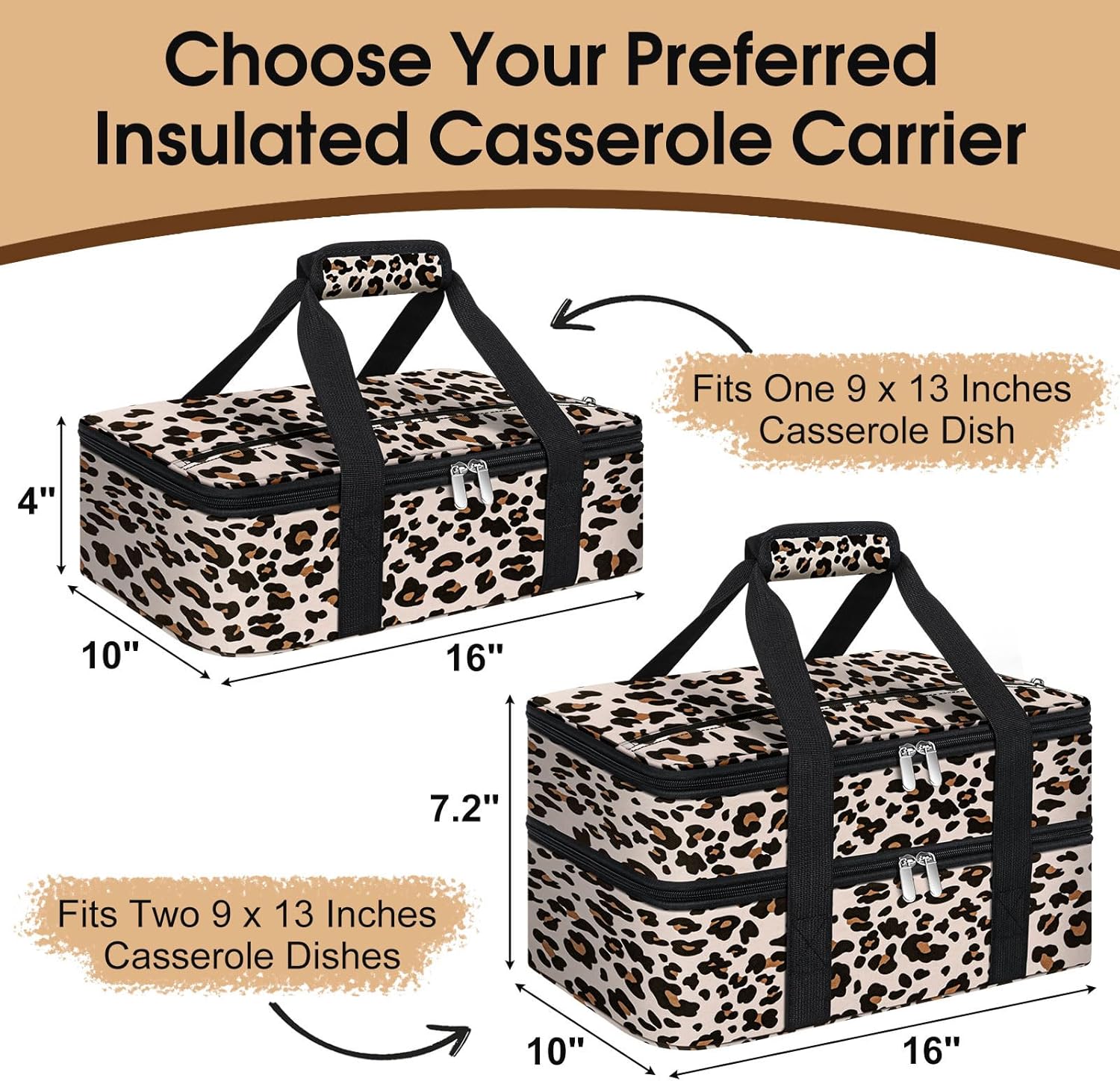 Skiennix Insulated Casserole Carrier - Portable Hot/Cold Food Tote for Potlucks | Fits 9" x 13" Dish - Leopard