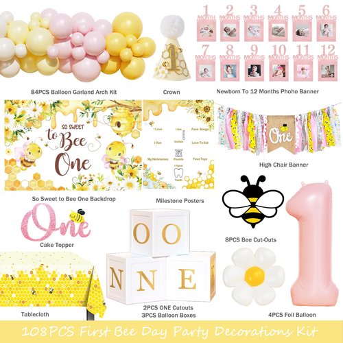 Fiesec First Bee Day Decorations Girl – 108PCs Honey Bee Themed 1st Birthday Party Supplies with So Sweet to Bee One Backdrop, Banner, Pink Yellow Balloon Garland Kit, Tablecloth