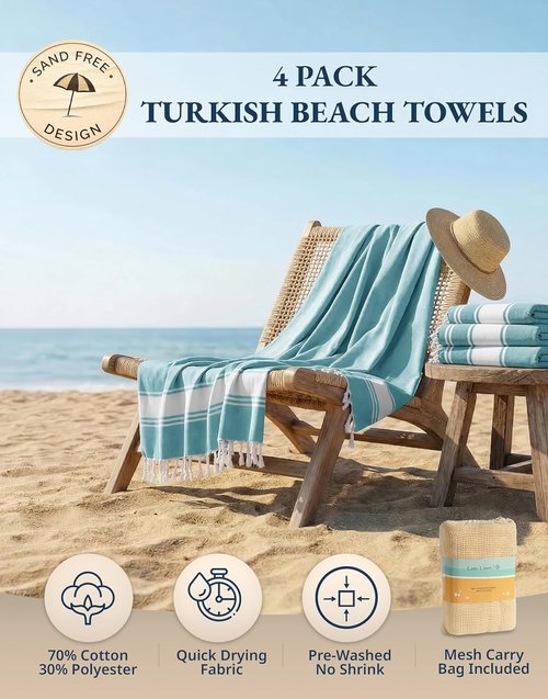 LANE LINEN Oversized Beach Towel - Quick Dry, Sand Free, Lightweight Travel Towel | 39"x71", Aqua - 4 Pack