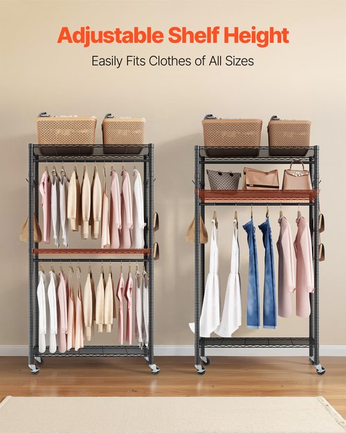 VEVOR Rolling Clothes Rack, Heavy Duty Clothing Garment Rack, 3 Adjustable Tiers Clothing Racks with Carbon Steel, 450 lbs Load Capacity Closet Wardrobe for Bedroom, Clothing Store, Hallway