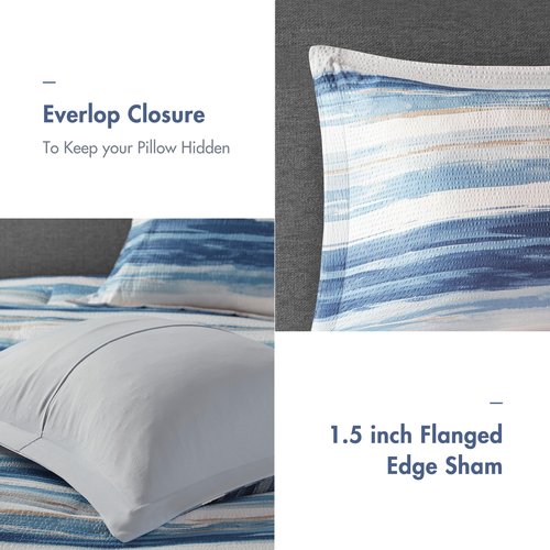 Madison Park Marina Comforter Quilt Combo Set - Modern Luxury Design, All Season Down Alternative Bedding, Matching Shams, Decorative Pillows, Full/Queen(90"x90"), Seersucker Blue 8 Piece