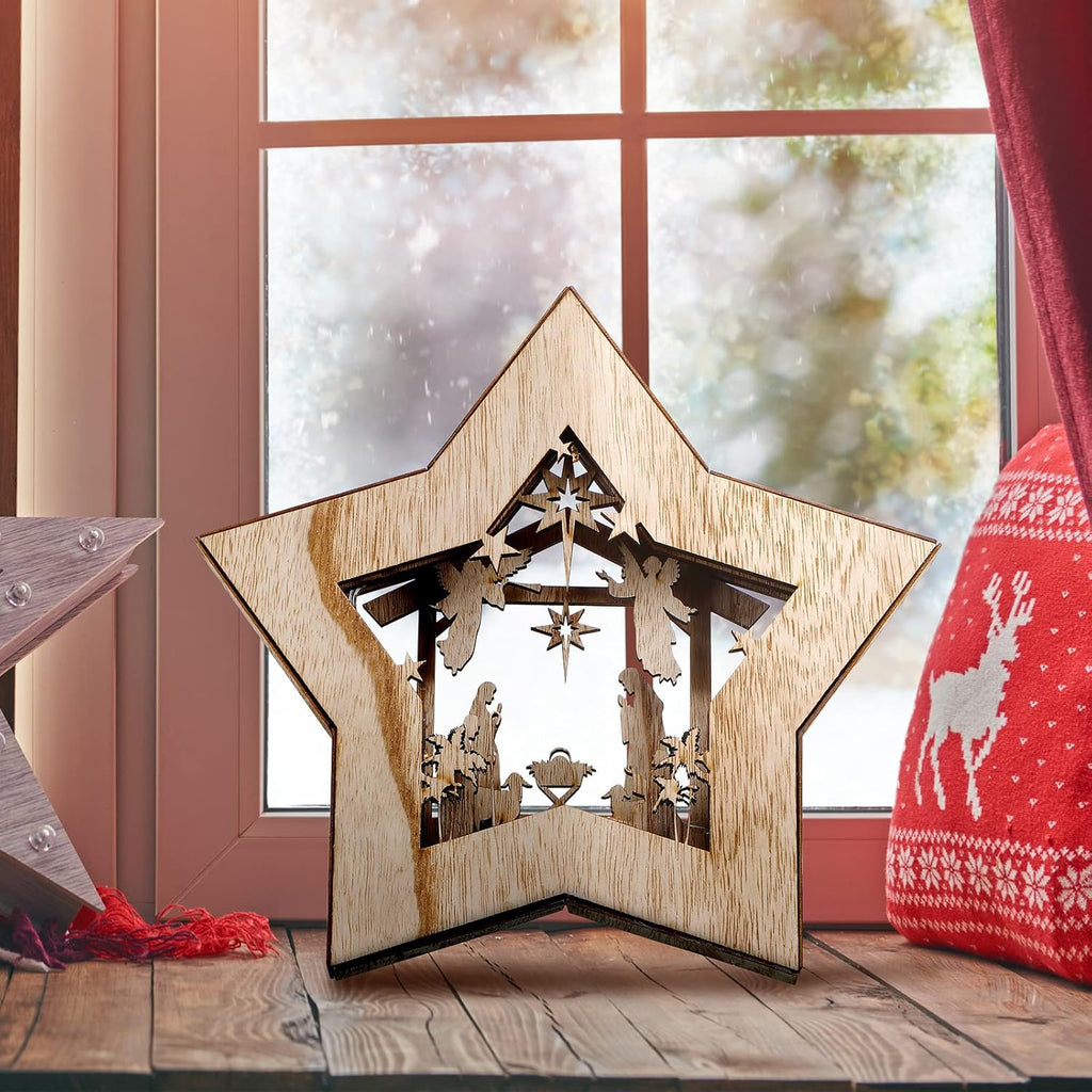 Regine Switzerland Wooden Nativity Scene Set - Rustic Christmas Tabletop Decoration with LED Light