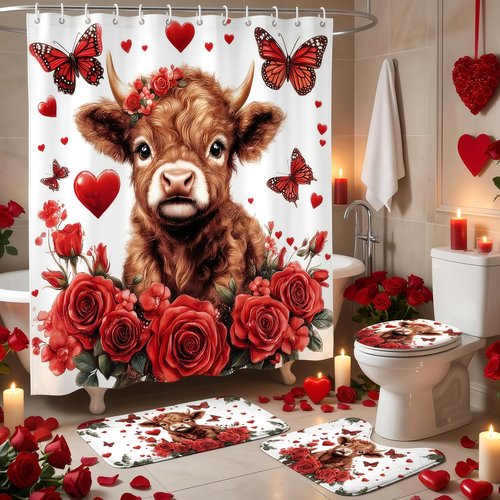 Lofaris Valentine Day Highland Cow Red Rose Shower Curtain Set - Romantic Farmhouse Bathroom Decor with red Butterflies, Includes Hooks - Valentines Bathroom Accessories
