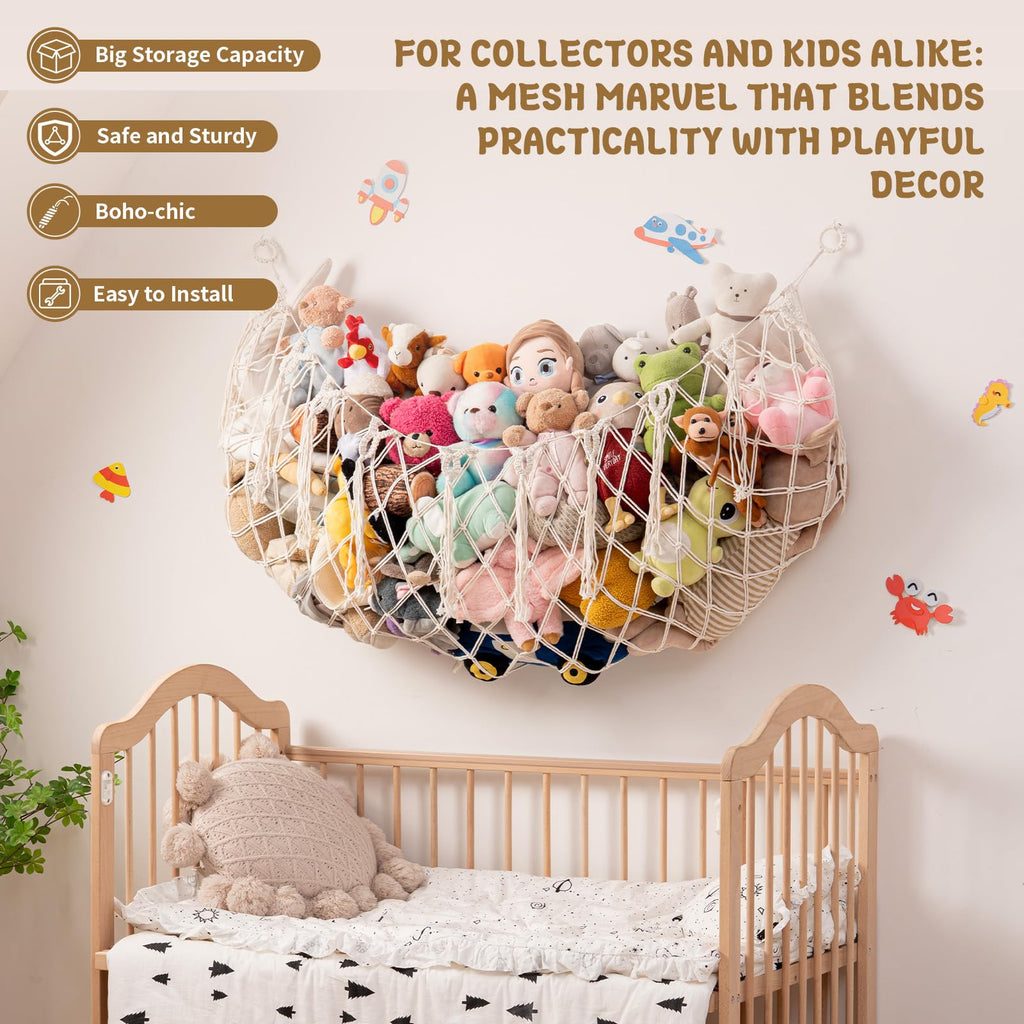 MKO SHUN Large Stuffed Animal Hammock, 59'' L Wall Hanging Net for Stuffed Animal Storage, Boho Macrame Toy Net Hammock for Kids Girls Bedroom Playroom Nursery Decor Plushie Teddy Bear Storage - Cream